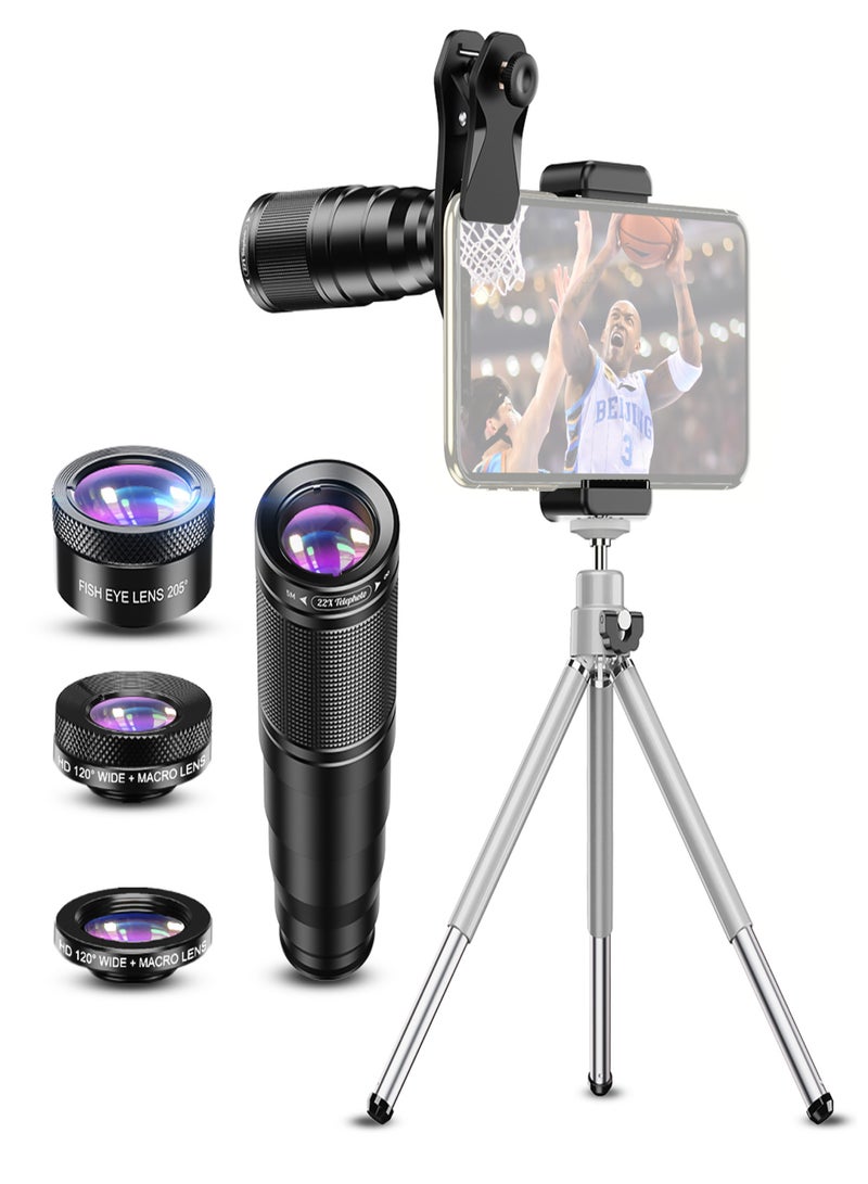 APEXEL APL-22X105-4IN1 Metal Phone Camera Lens 22X Telephoto Lens Fisheye Lens Wide Angle Lens Macro Lens Polarization lens with Tripod Phone Camera Lens Clip - Image 1
